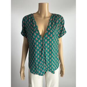 cabi Blouse Womens Size S Green Floral Print V Neck Short Sleeve Bohemian Chic